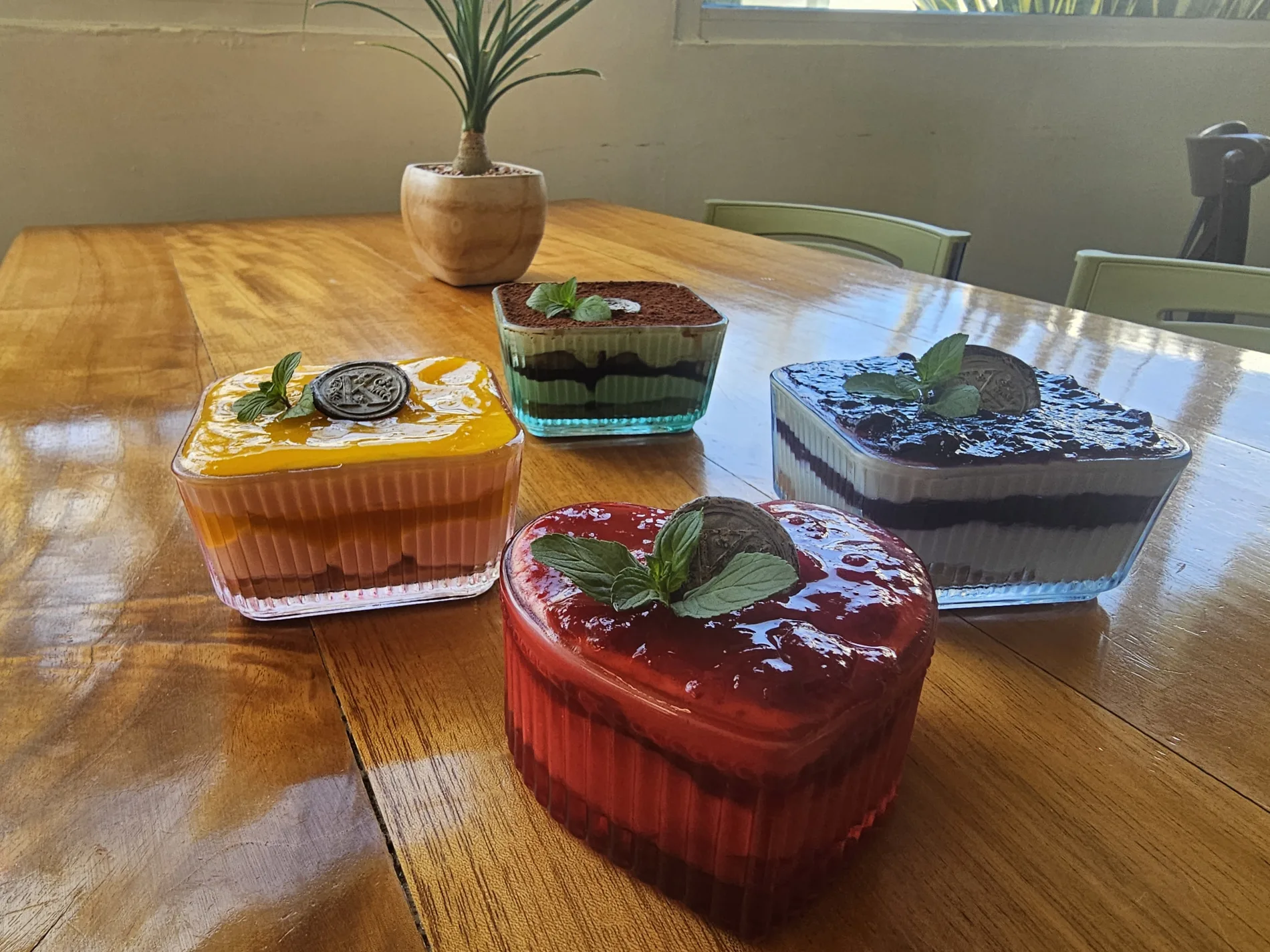 Colección Bliss Cups fresa cocoa mango arándanos en mesa con una planta de adorno